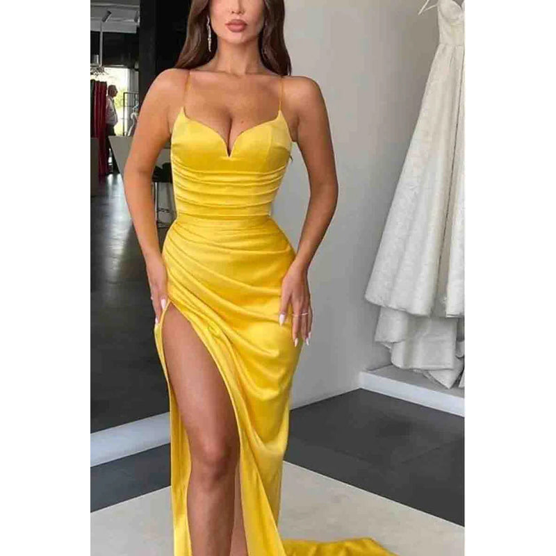 Spaghetti Straps Ruched Long Prom Evening Dress With Slit