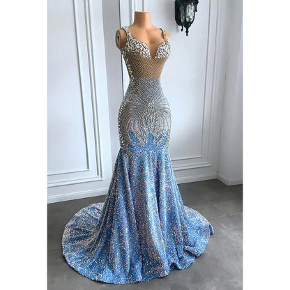 Glamorous & Dramatic Ruffles Rhinestones V-neck Sleeveless Sequins Evening Prom Dress