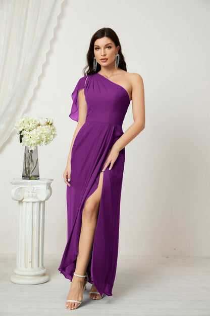 Numbersea Chiffon Ruffled One Shoulder Long Bridesmaid Dresses A-line Formal Evening Gown Side Split 2809-numbersea