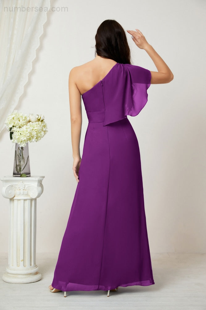 Numbersea Chiffon Ruffled One Shoulder Long Bridesmaid Dresses A-line Formal Evening Gown Side Split 2809-numbersea