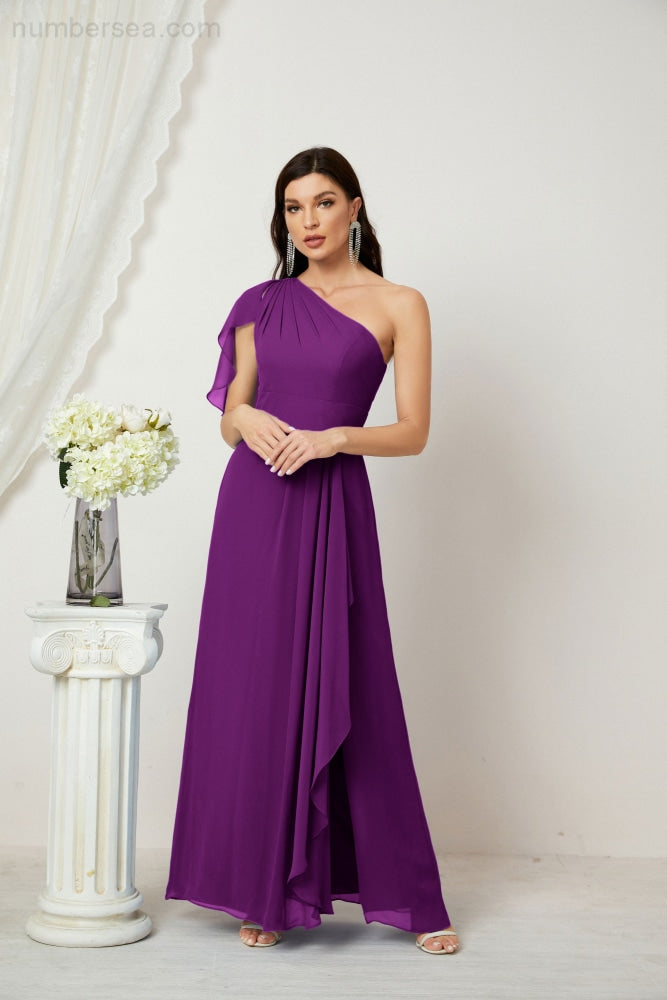 Numbersea Chiffon Ruffled One Shoulder Long Bridesmaid Dresses A-line Formal Evening Gown Side Split 2809-numbersea