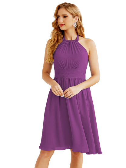 Numbersea Halter Chiffon Bridesmaid Dresses Short Sleeveless Formal Party Dress Open Back 28023