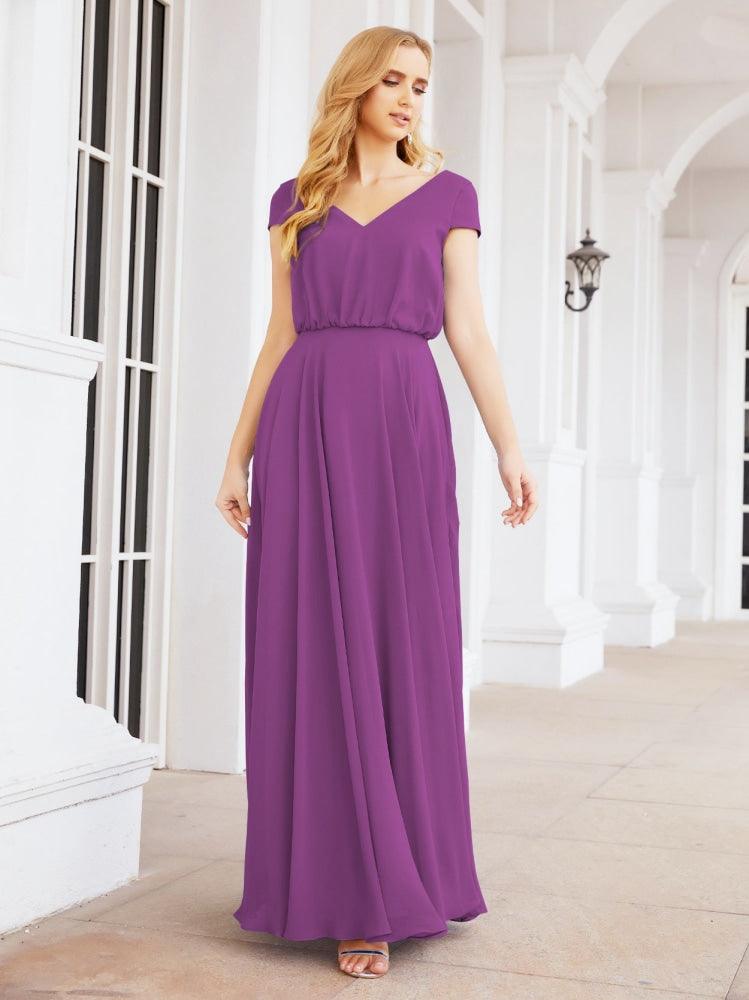 Numbersea V-Neck Bridesmaid Dresses Long Cap Sleeves Prom Evening Formal Gowns 28071-numbersea