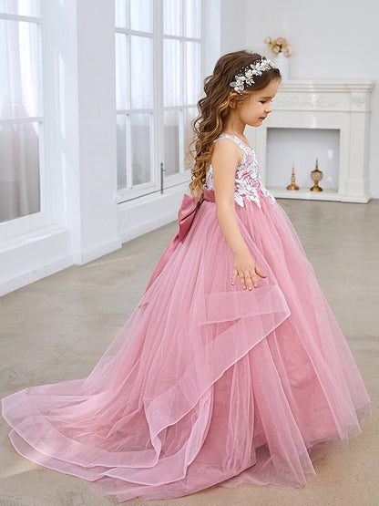 Princess Sleeveless Tulle Flower Girl Dress with Lace and Bow Pink (010224320)