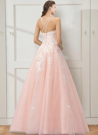 Ball Gown Prom Dresses Floral Dress Masquerade Floor Length Sleeveless Spaghetti Strap Tulle Crisscross Back with Embroidery