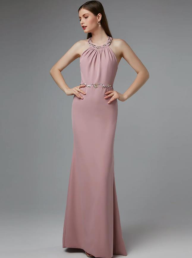 Sheath / Column Beautiful Back Dress Wedding Guest Floor Length Sleeveless Halter Spandex Crisscross Back with Beading