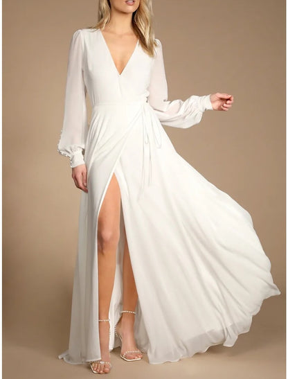 Wedding Dresses A-Line V Neck Long Sleeve Floor Length Chiffon Bridal Gowns With Pleats Split Front