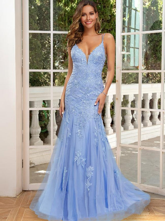 Mermaid / Trumpet Prom Dresses Floral Dress Party Wear Court Train Sleeveless Spaghetti Strap Satin Backless with Appliques