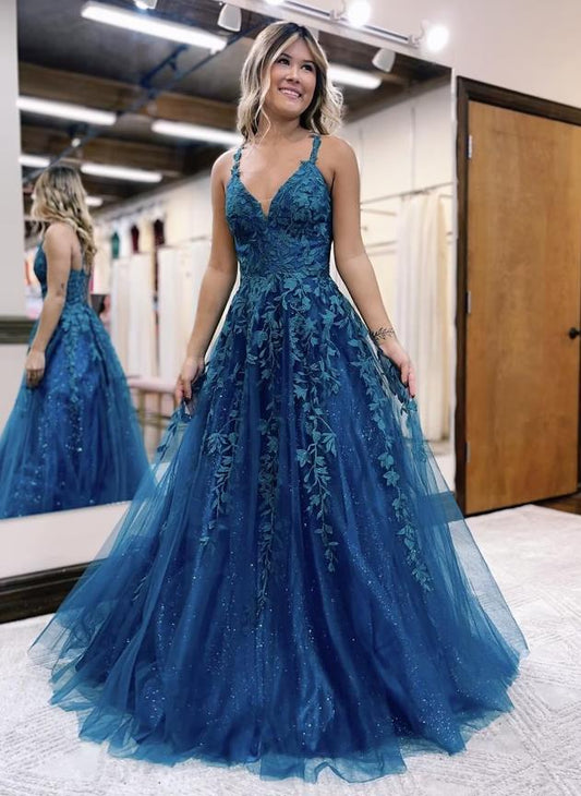 Ball Gown A-Line Prom Dresses Sparkle & Shine Dress Formal Floor Length Sleeveless V Neck Tulle Backless with Glitter Appliques