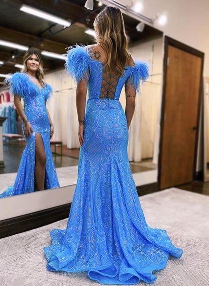 Mermaid / Trumpet Prom Dresses Sparkle & Shine Dress Formal Court Train Sleeveless V Neck Sequined Backless with Sequin Slit