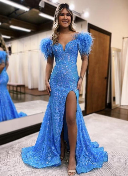 Mermaid / Trumpet Prom Dresses Sparkle & Shine Dress Formal Court Train Sleeveless V Neck Sequined Backless with Sequin Slit