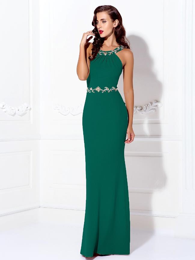 Sheath / Column Beautiful Back Dress Wedding Guest Floor Length Sleeveless Halter Spandex Crisscross Back with Beading