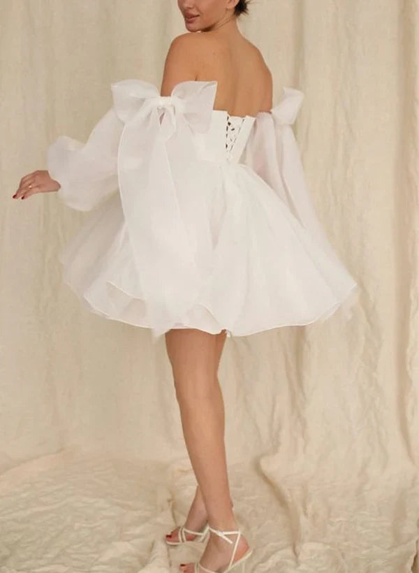 Wedding Dresses A-Line Puff Long Sleeves Short With Bows