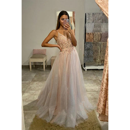 Spaghetti Straps Tulle Appliques A-line Long Prom Dress