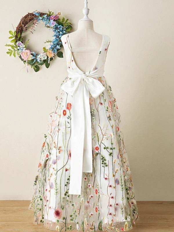 Wildflower floral embroidery overlay tulle A-line slim fit flare V-neck back bow floral girls dress