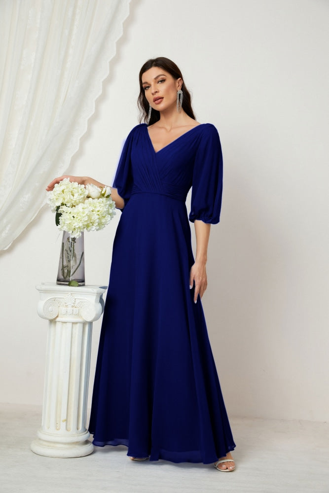 Numbersea Formal Prom Gown Women V-Neck Chiffon Bridesmaid Dresses Long Bishop Sleeve Party Dress 2807-numbersea