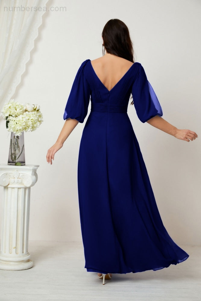 Numbersea Formal Prom Gown Women V-Neck Chiffon Bridesmaid Dresses Long Bishop Sleeve Party Dress 2807-numbersea