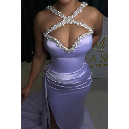 Elegant & Luxurious Pearl Halter Sleeveless Ruched Slit Sheath Prom Dress