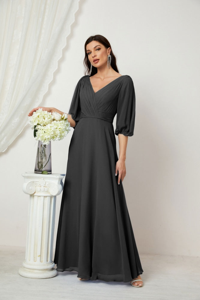 Numbersea Formal Prom Gown Women V-Neck Chiffon Bridesmaid Dresses Long Bishop Sleeve Party Dress 2807-numbersea