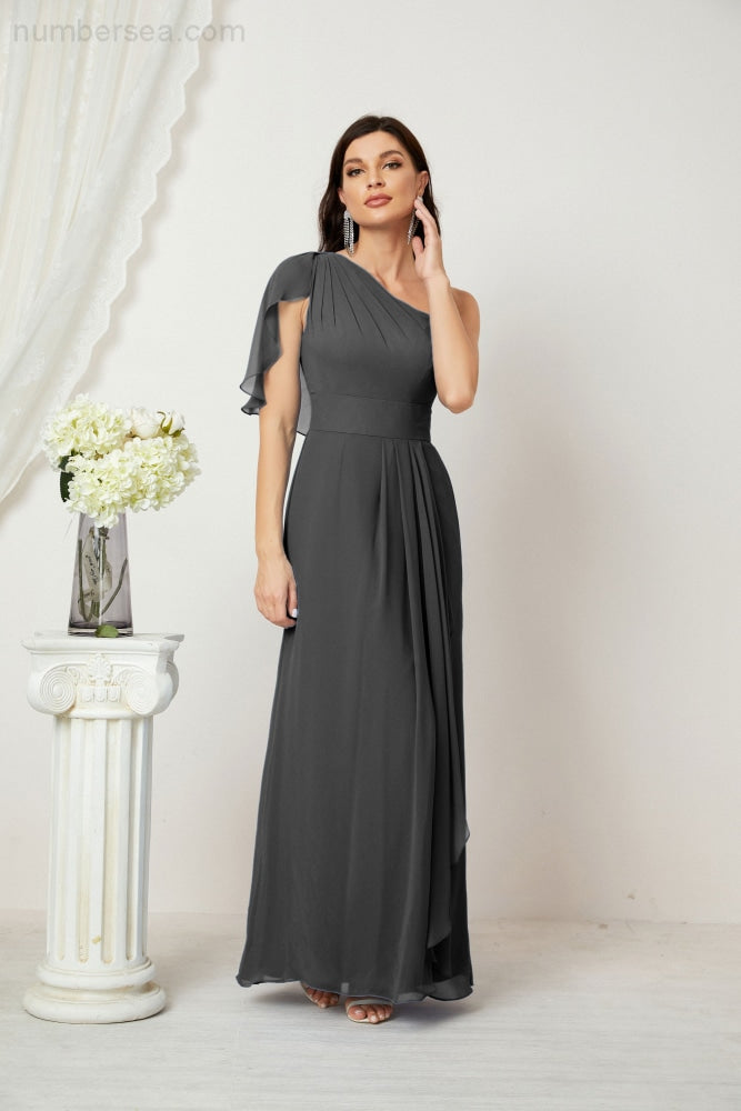 Numbersea Chiffon Ruffled One Shoulder Long Bridesmaid Dresses A-line Formal Evening Gown Side Split 2809-numbersea