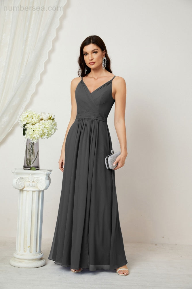 Numbersea Chiffon V-Neck Bridesmaid Dress Spaghetti Strap Long Formal Party Prom Gowns with Slit 28010-numbersea