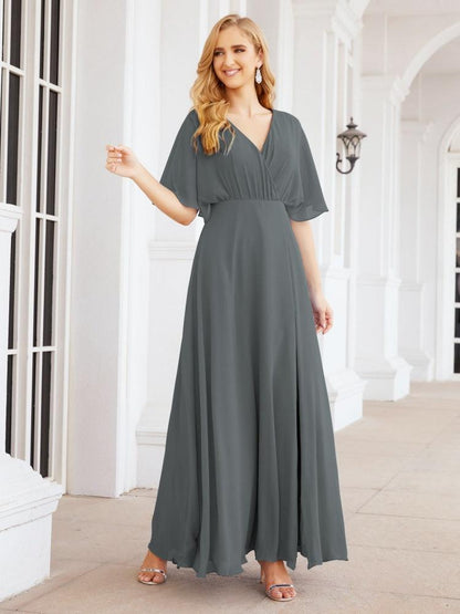 Numbersea V-Neck Bridesmaid Dress Chiffon Long Open Back Formal Dresses for Women Party Evening 28067-numbersea