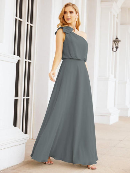 Numbersea Chiffon Ruffled One Shoulder Sleeveless Long Bride Dresses A-line Formal Evening Gown Side Split 28057-numbersea