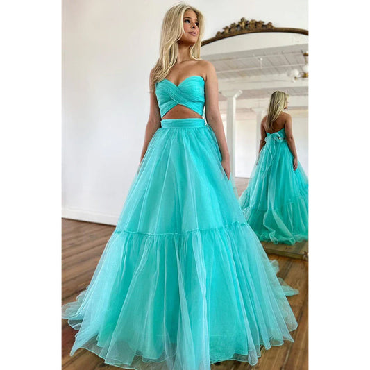 Strapless Ruched Tulle A-Line Long Homecoming Court Dress