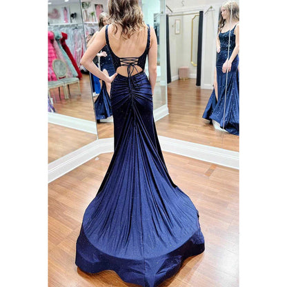 Spaghetti Straps Lace Applique with Side Slit Party Prom Evening Dress