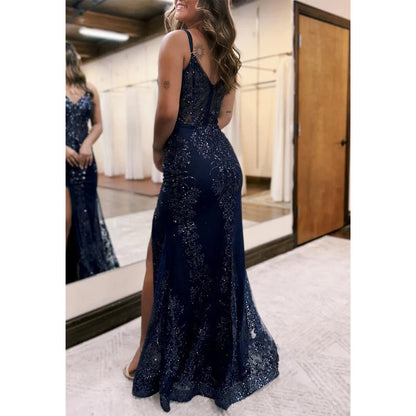 V-neck Spaghetti Straps Lace Applique with Side Slit Train Party Prom Evening Dress