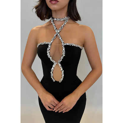 Tief ausgeschnittenes, einzigartiges Neckholder-Abendkleid mit Perlen in Schwarz, lang 