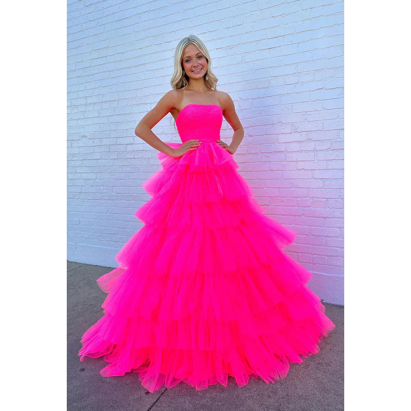 Strapless Hot Pink A-Line Tulle Long Prom Gown