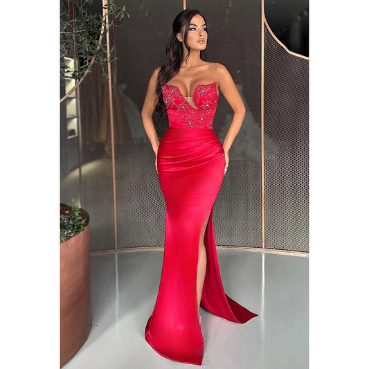 Trumpet/Mermaid Off-Shoulder Sleeveless Side Slit Party Prom Dress With Rhinestones