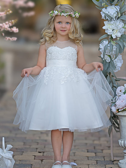 Lace Tulle Knee-length First Communion Flower Girl Dress