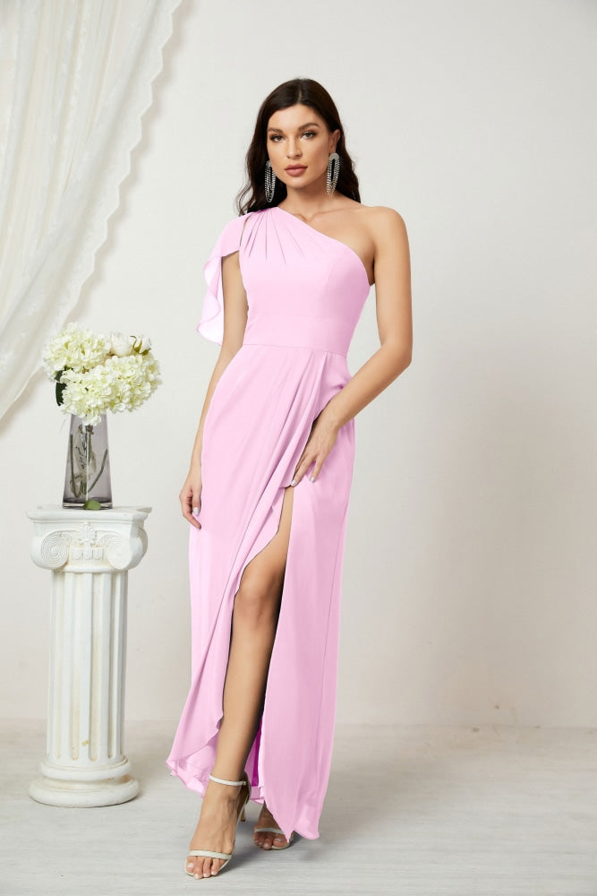 Numbersea Chiffon Ruffled One Shoulder Long Bridesmaid Dresses A-line Formal Evening Gown Side Split 2809-numbersea