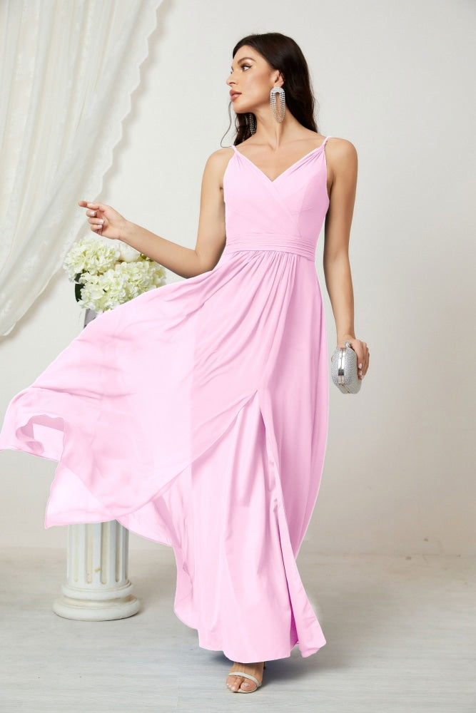 Numbersea Chiffon V-Neck Bridesmaid Dress Spaghetti Strap Long Formal Party Prom Gowns with Slit 28010-numbersea