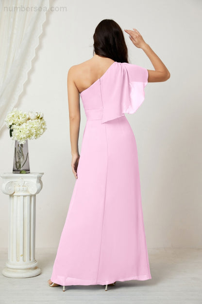 Numbersea Chiffon Ruffled One Shoulder Long Bridesmaid Dresses A-line Formal Evening Gown Side Split 2809-numbersea