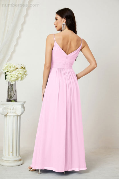 Numbersea Chiffon V-Neck Bridesmaid Dress Spaghetti Strap Long Formal Party Prom Gowns with Slit 28010-numbersea