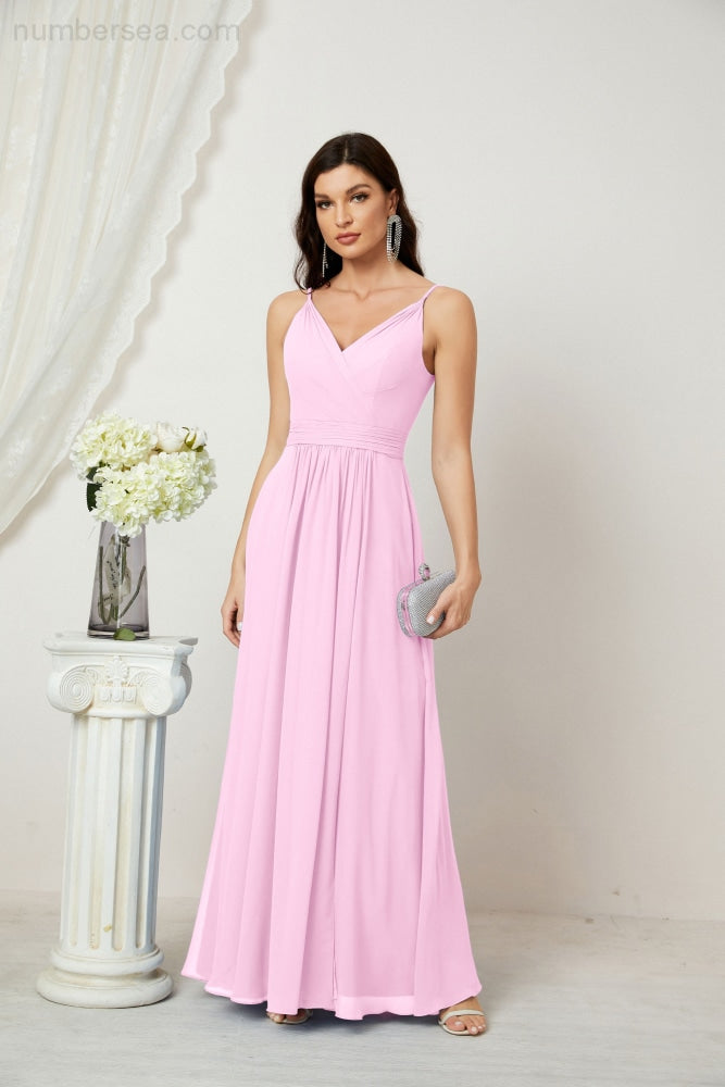 Numbersea Chiffon V-Neck Bridesmaid Dress Spaghetti Strap Long Formal Party Prom Gowns with Slit 28010-numbersea