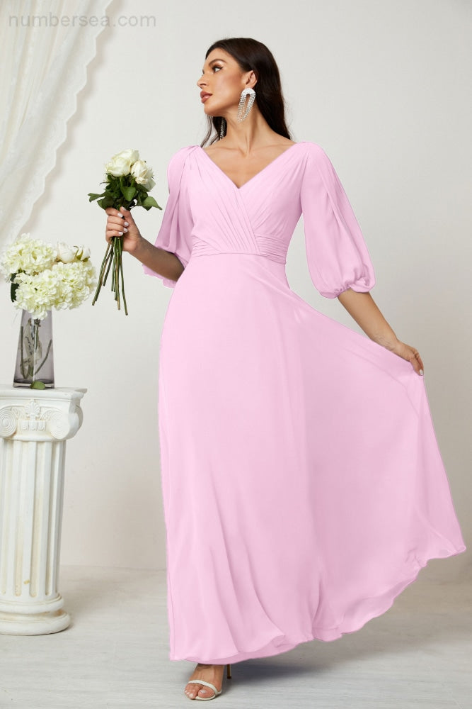 Numbersea Formal Prom Gown Women V-Neck Chiffon Bridesmaid Dresses Long Bishop Sleeve Party Dress 2807-numbersea