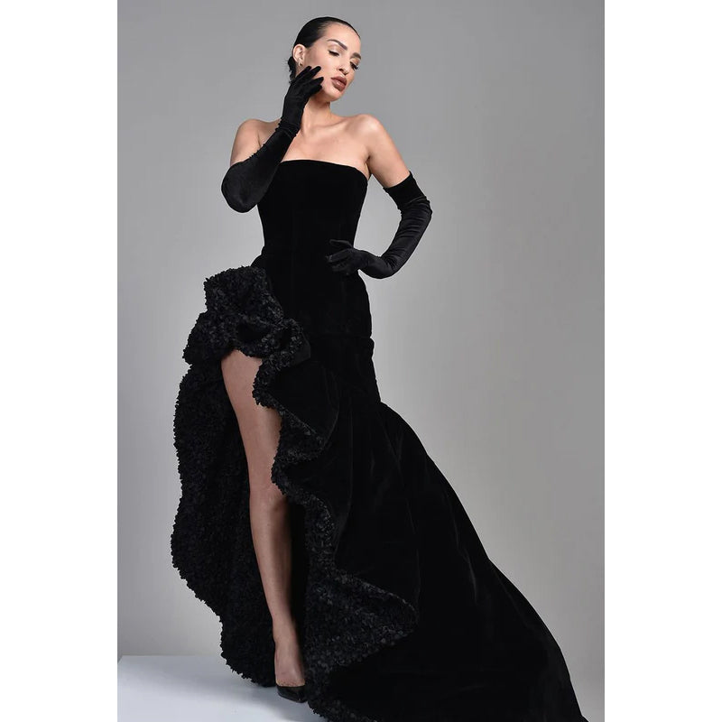 Strapless Thigh Slit Velvet A-Line Prom Gown With Sweep Train