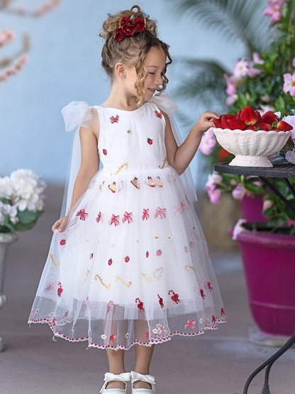 Tulle Knee-length Strawberry Embroidery Flower Girl Dress