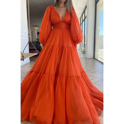 Sexy A-Linien-Abendkleid aus orangefarbenem Tüll mit tiefem V-Ausschnitt und langen Ärmeln 