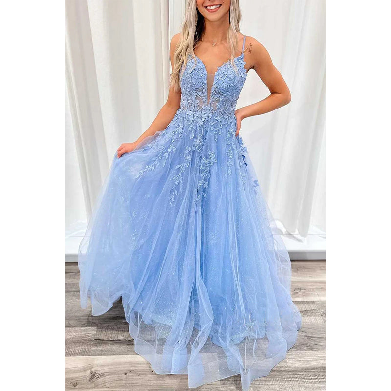 V-neck Spaghetti Straps Appliques Tulle A-line Prom Dress