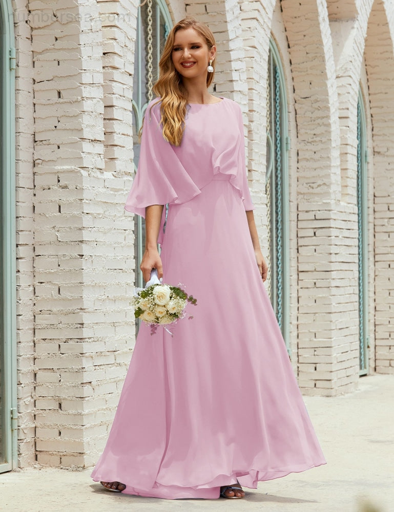 Numbersea Bridesmaid Dress Women Long Sleeve V-Neck Chiffon Formal Wedding Party 28018