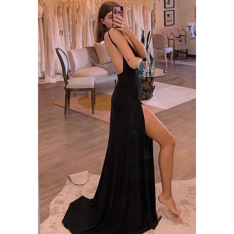 Deep V-Neck Spaghetti Straps Backless Long Prom Evening Dress With Slit