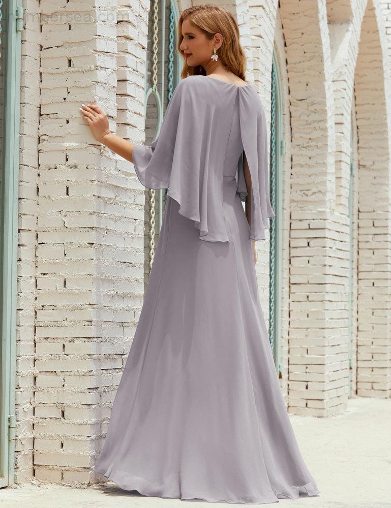 Numbersea Bridesmaid Dress Women Long Sleeve V-Neck Chiffon Formal Wedding Party 28018