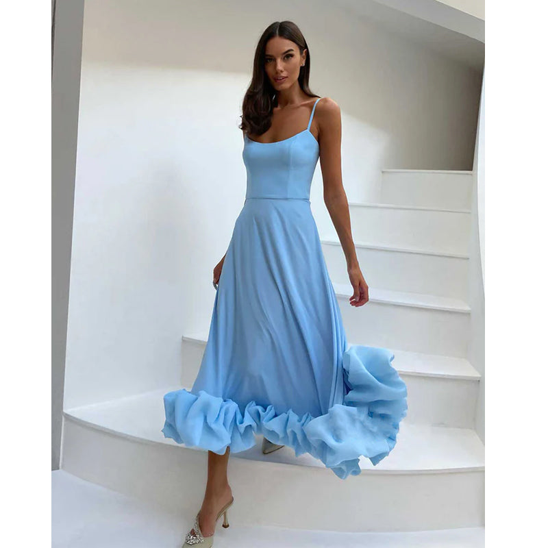 Spaghetti Straps Scoop Ruffles Long Formal Evening Gowns