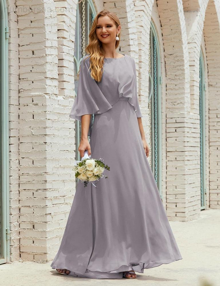 Numbersea Bridesmaid Dress Women Long Sleeve V-Neck Chiffon Formal Wedding Party 28018