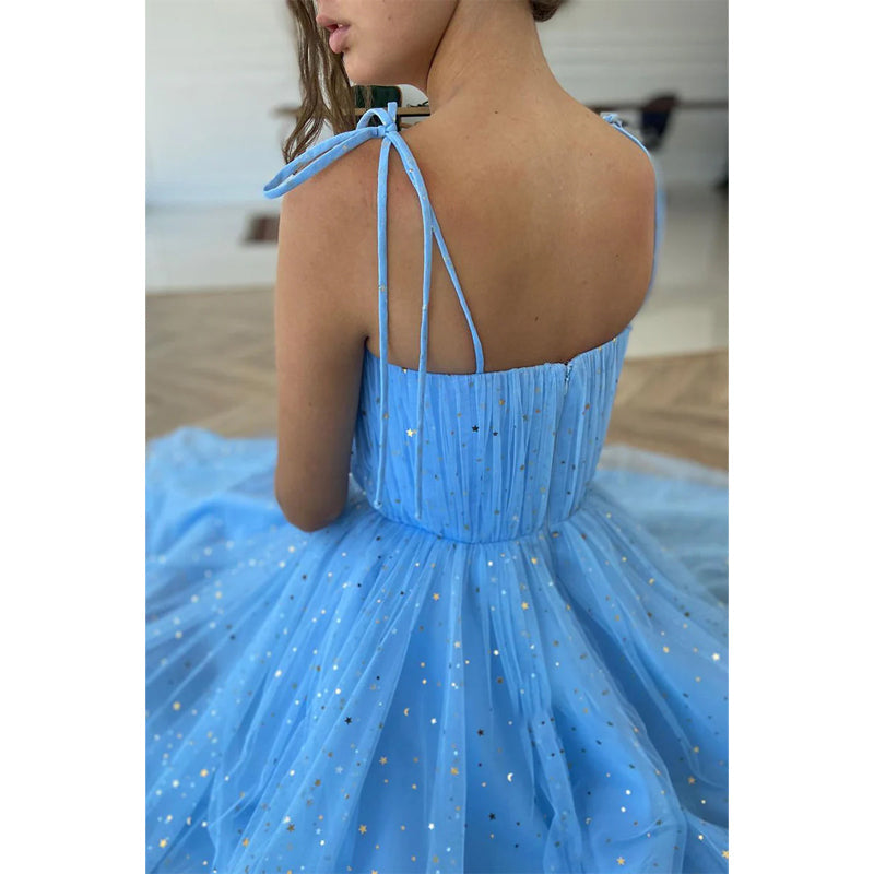 Spaghetti Straps Sequined Tulle Pleated Prom Dress Tea Length